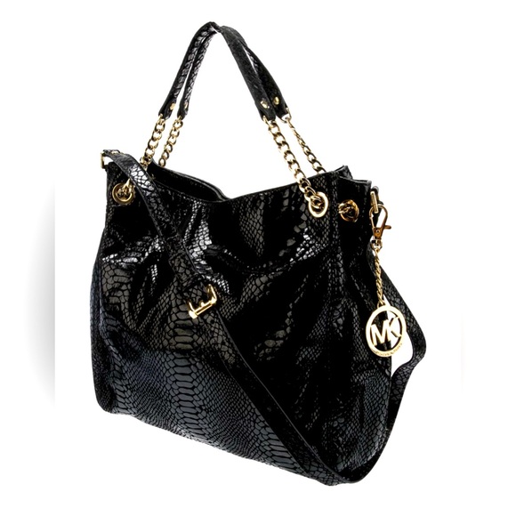MICHAEL Michael Kors Black Python Patent Leather Double Chain Strap Satchel Bag - Picture 1 of 6